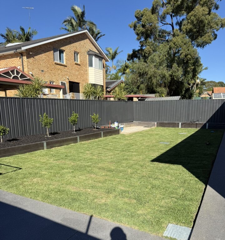 Backyard garden bed and new lawn running the length of a Colorbond fence
